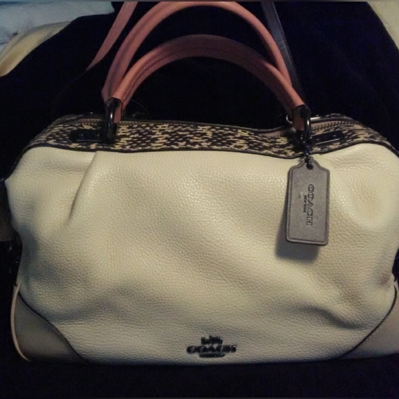 COPY - COACH CREAM COLOR TOTE/ SNAKE SKIN TOP/ SHOULDER BAG STRAP PEACHSTRAP … - Picture 1 of 16